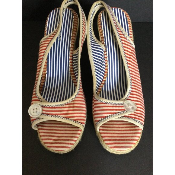 Bongo Women's Shoes Wedges Heel Striped Pearl Button Wrapped Red White Size 10M - Picture 3 of 10